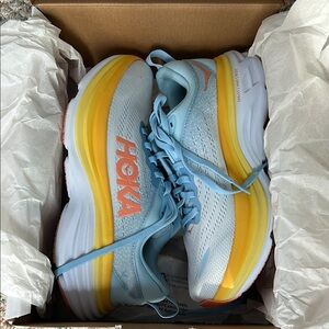 Hoka Bondi 8 Sky Blue and Sunburst Yellow Sneakers